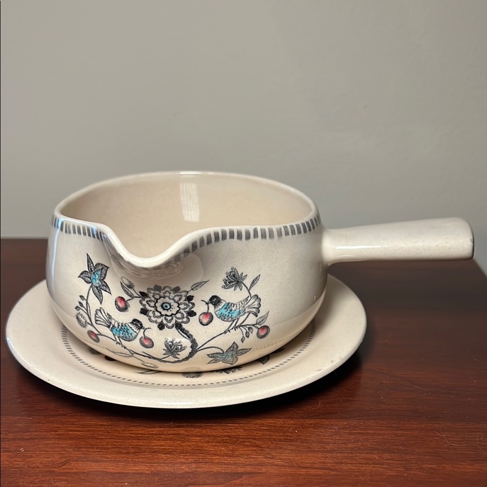VTG Cherry Thieves by Johnson Brothers Staffordshire Gravy Boat with Underplate